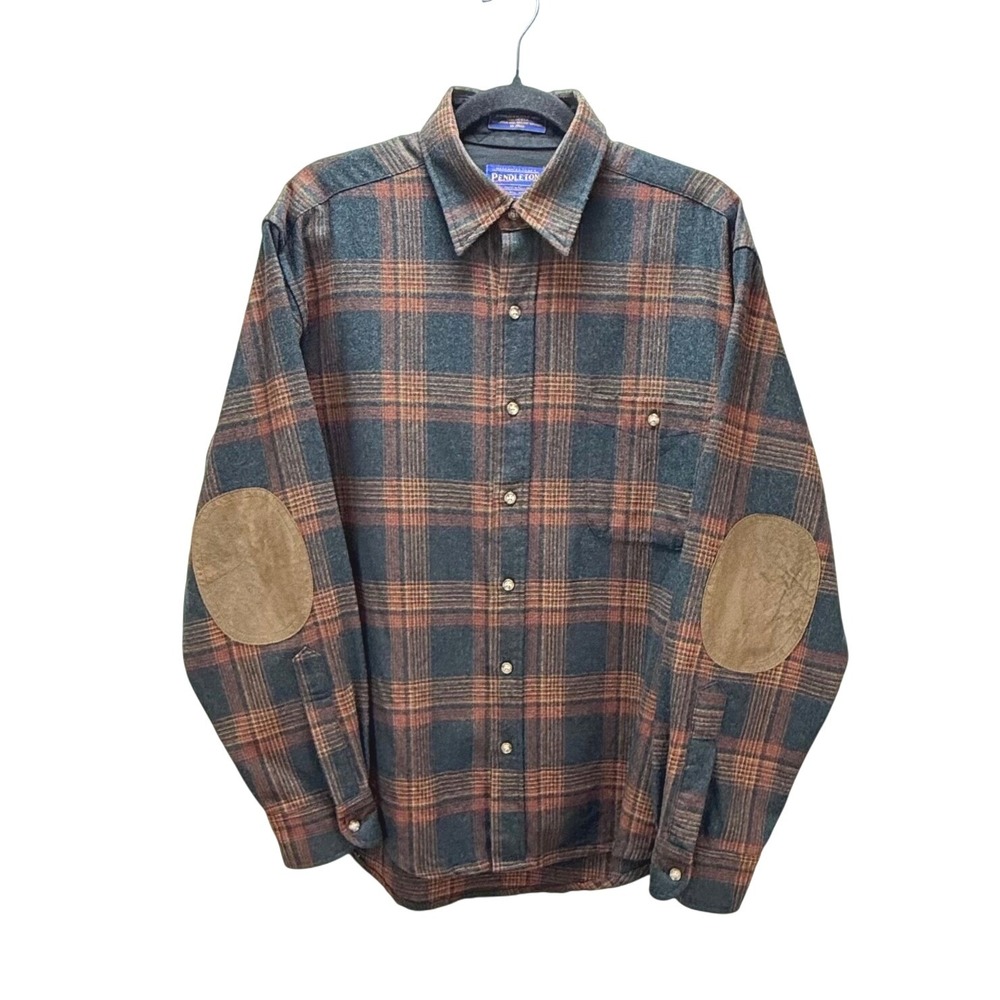 Pendleton Trail Shirt Mens M Wool Plaid Flannel Elbow Patch‎ USA 90s Heritage